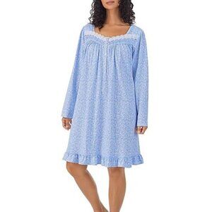 Eileen West Nightgown Cotton Jersey Sweetheart Neck Long Sleeve Blue Pajamas S